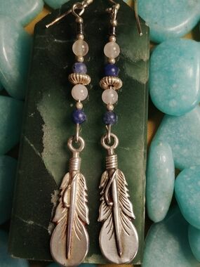 STERLING -FANCY 🪶 FEATHER 3" DANGLE-BLUE SODALITE, PINK ROSE QUARTZ, EARRINGS.